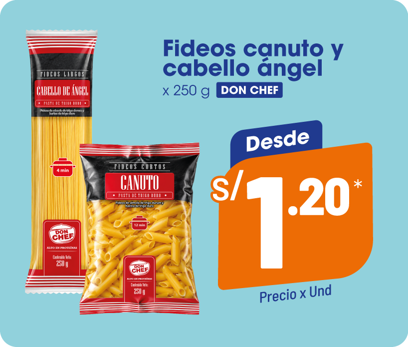 Fideos canuto y cabello de ángel Don Chef x 250 g desde S/1.20 por unidad