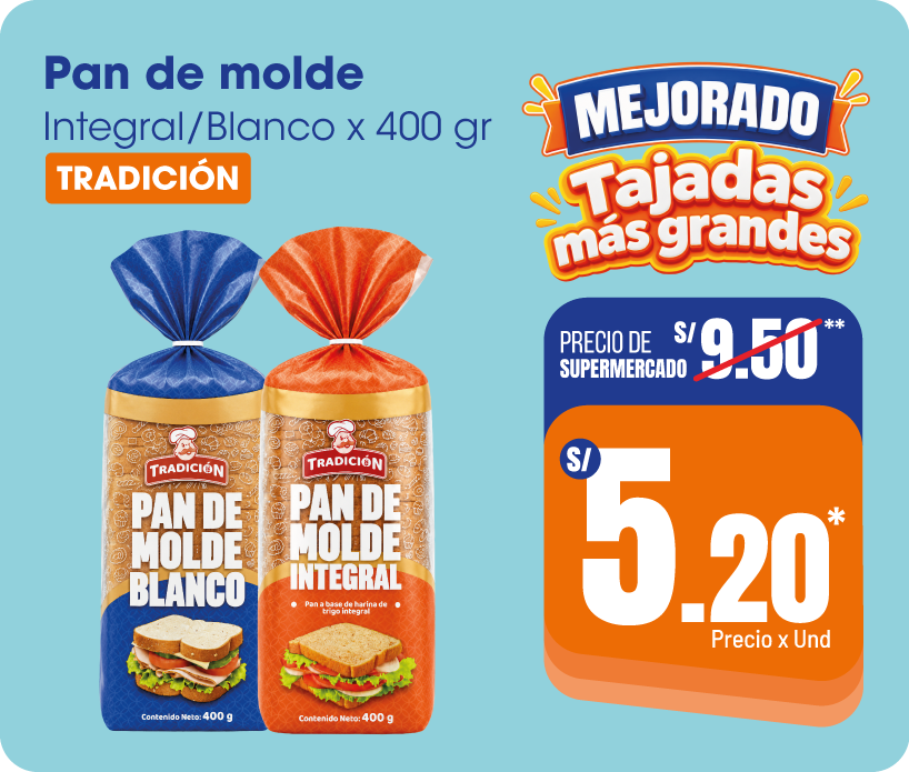 Pan de molde integral o blanco Tradición x 400 g a S/5.20 por unidad