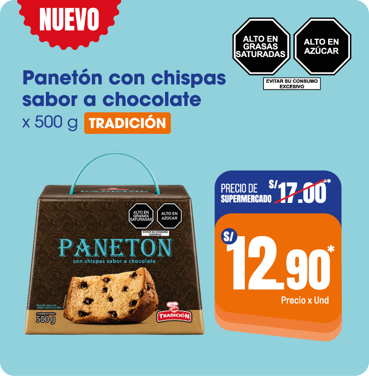 Panetón con chispas sabor a chocolate Tradición x 500 g a S/12.90